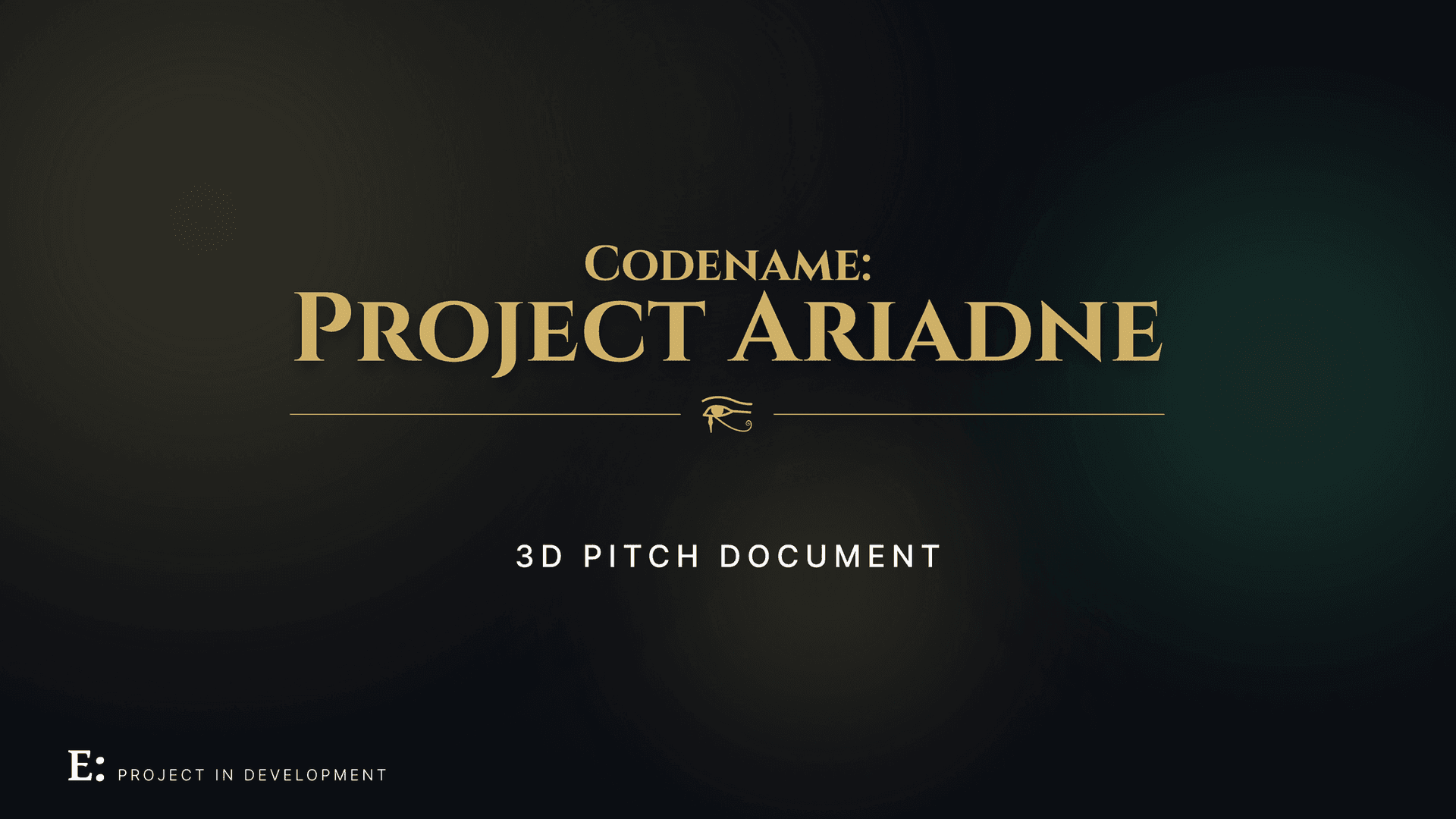 Cover page of Project Ariadne's 3D character artist pitch document with golden title treatment