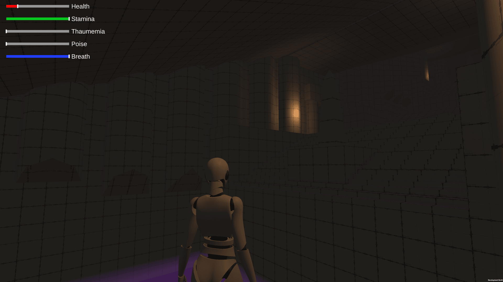 "Project Ariadne" level preview - Alpha gameplay screenshot showing Eirene exploring a torch-lit stone corridor in the Dynastic Layer dungeon