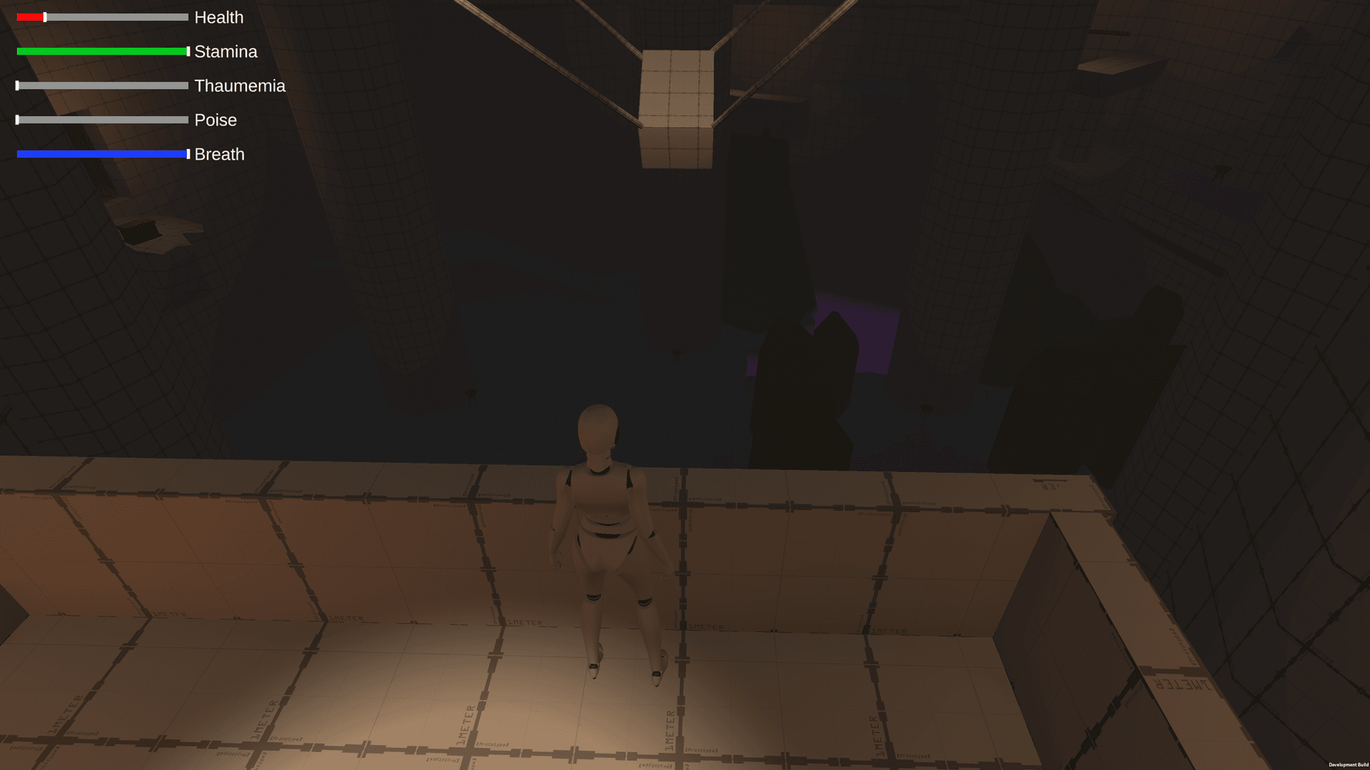 "Project Ariadne" level preview - Eirene standing on a platform overlooking a suspended sarcophagus in a vast underground chamber bathed in violet light