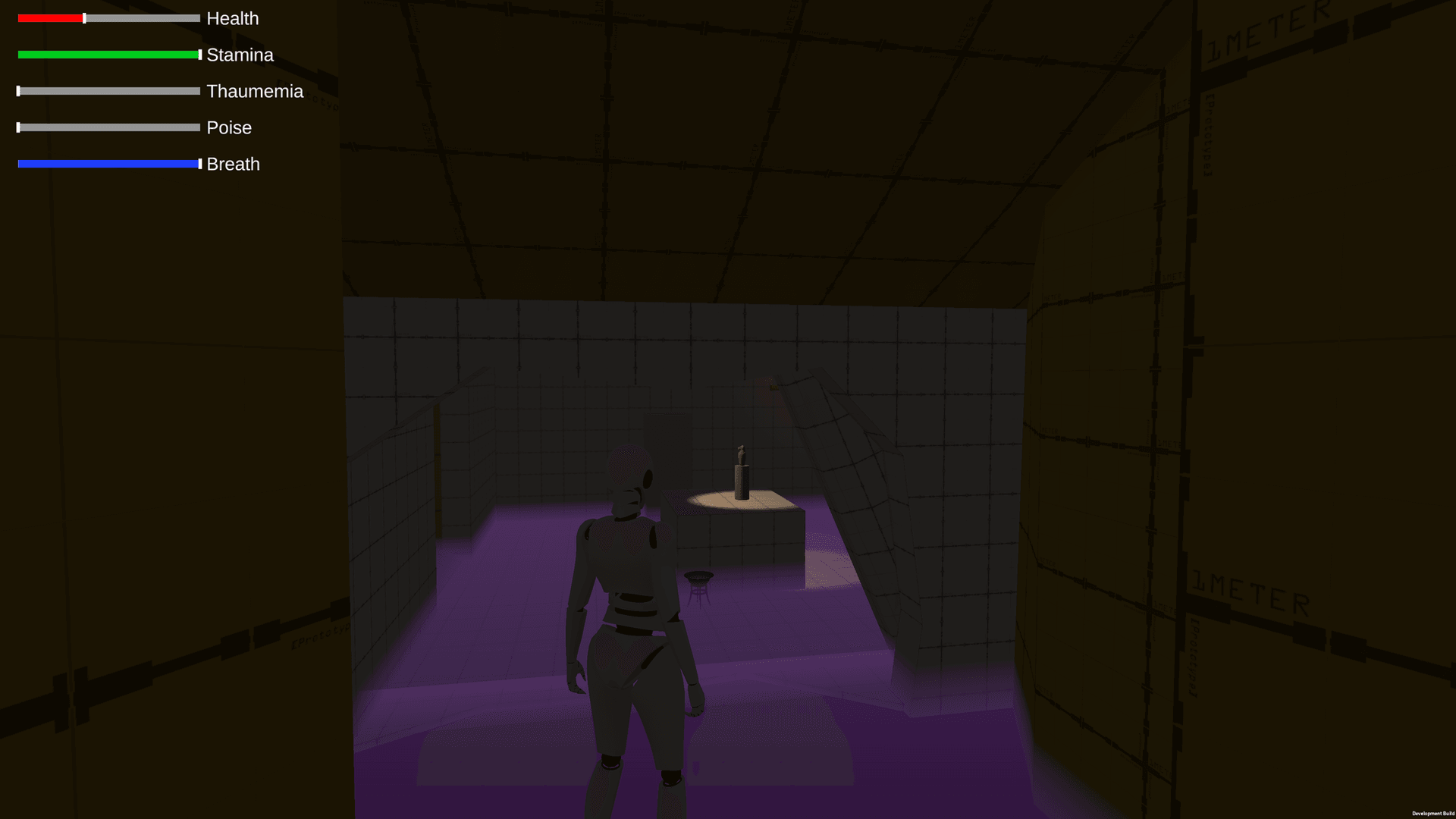"Project Ariadne" level preview - Eirene approaching a Canopic Vase on a pedestal in a chamber with ambient purple lighting