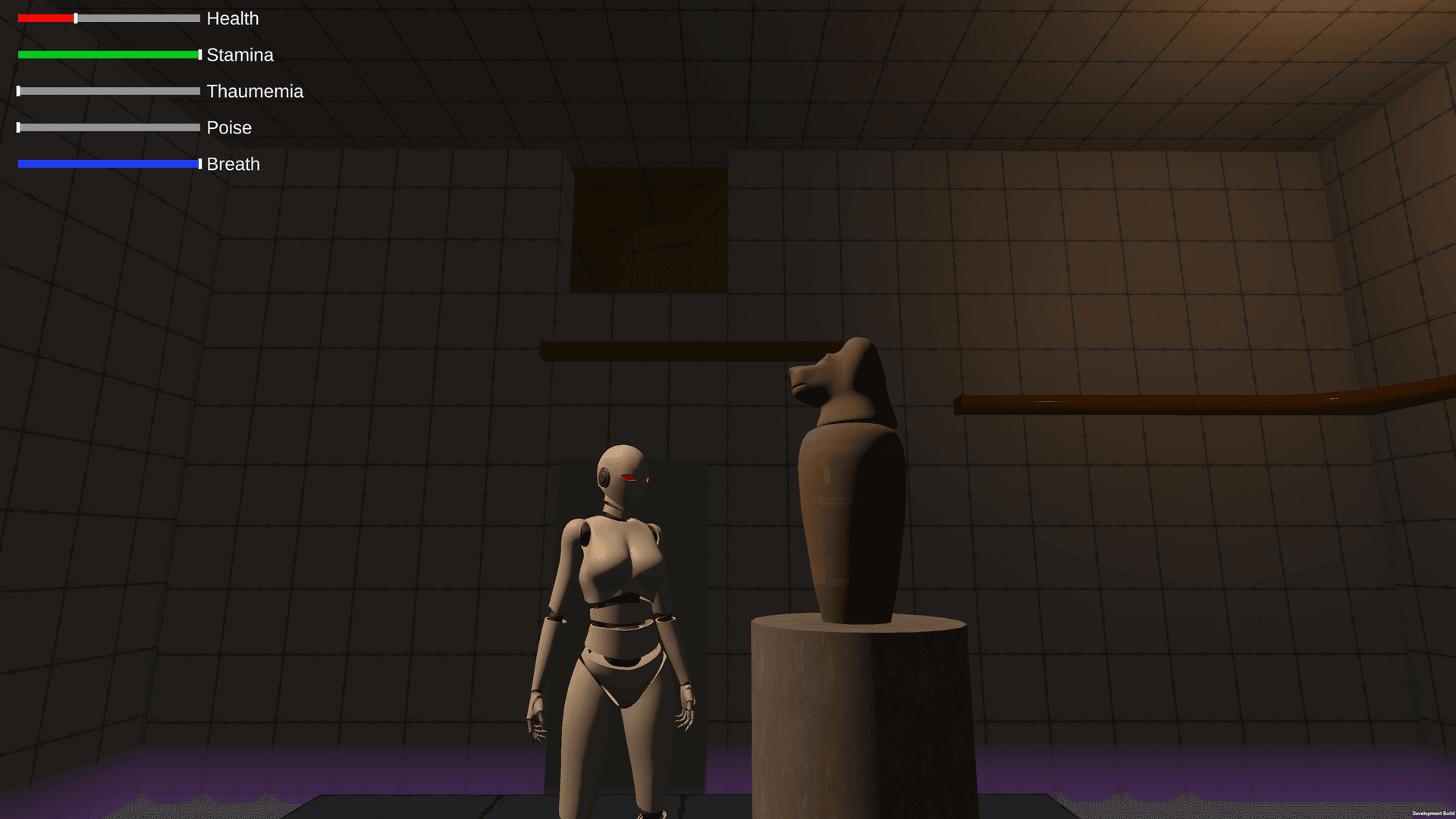 "Project Ariadne" level preview - Eirene examining an abnormally large Canopic Vase on a pedestal — whose remains could this belong to?