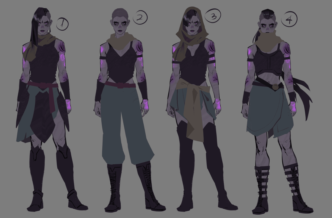 "Project Ariadne" Opsidianoi preview - Early concept art exploration for Opsidianoi character designs featuring four variations in ash, charcoal, and obsidian tones