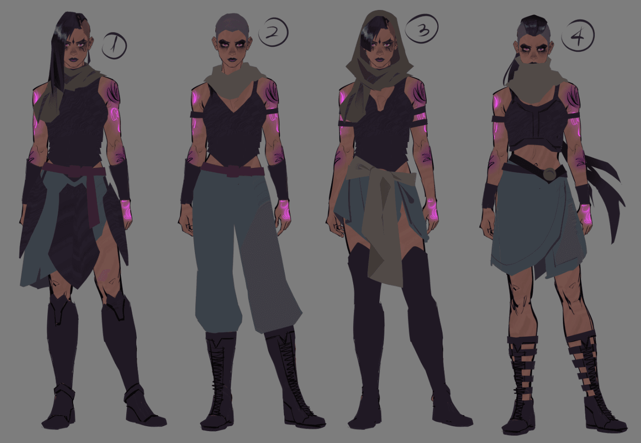 "Project Ariadne" Opsidianoi preview - Second iteration of Opsidianoi concept designs showing refined outfit variations and equipment details