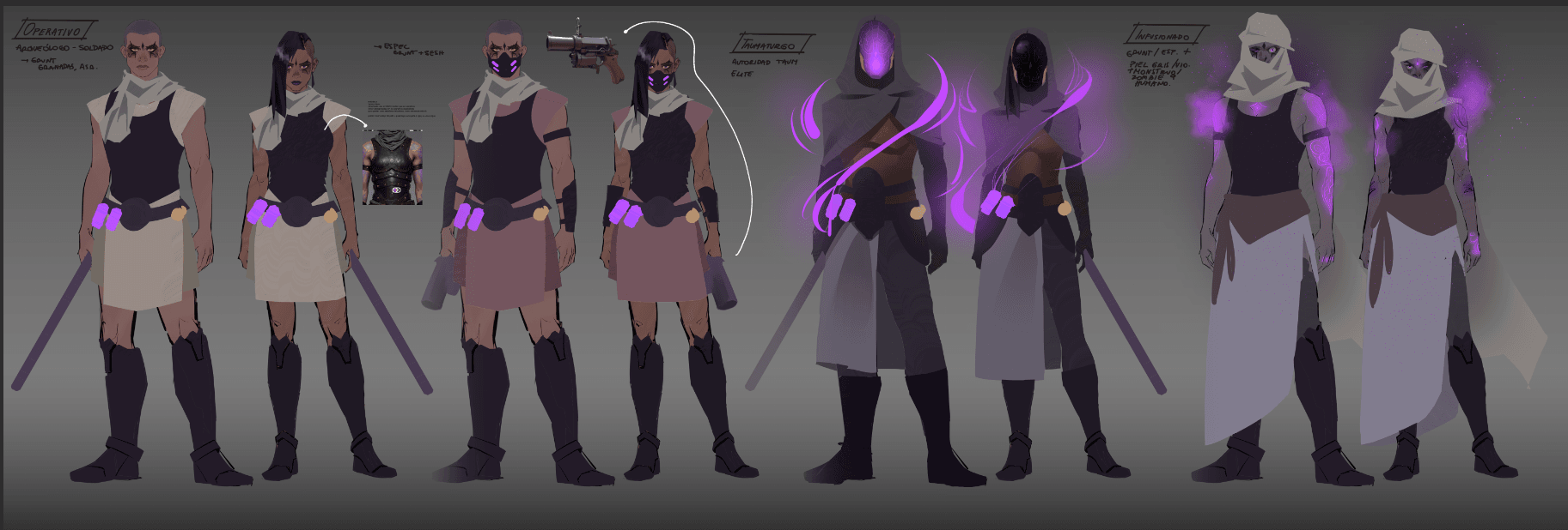 "Project Ariadne" Opsidianoi preview - Consolidated Opsidianoi concept sheet showing multiple character classes with violet arcane energy effects, masks, and detail