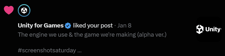 Screenshot of Unity for Games liking our #ScreenshotSaturday post on X (formerly Twitter) on January 8